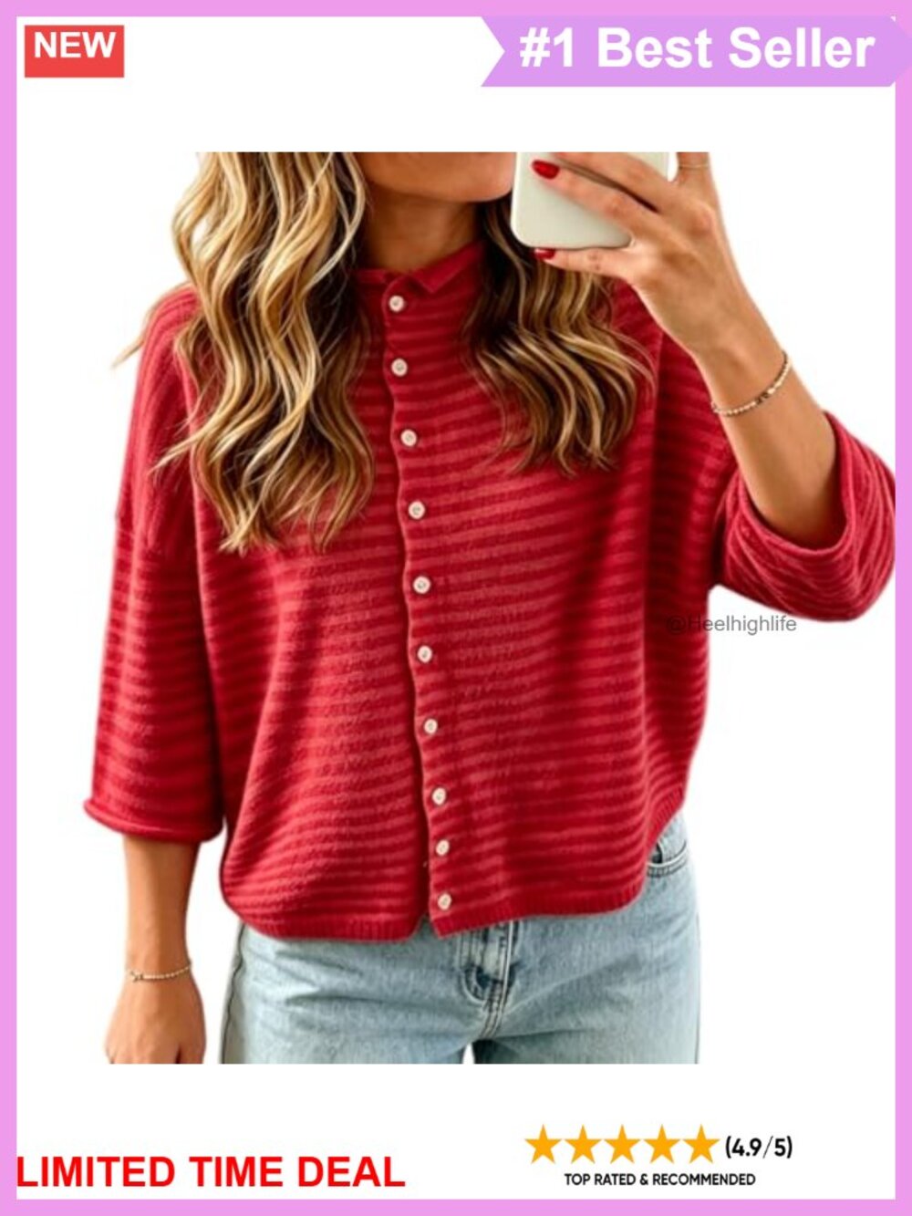 Womens 3/4 Sleeve Striped Cardigan Button Down Knitted Sweater Top